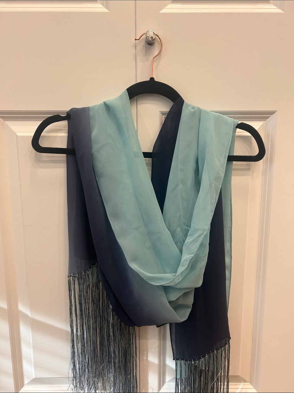 Danier Ombre Silk Scarf in Light Aqua and Navy with Fringe